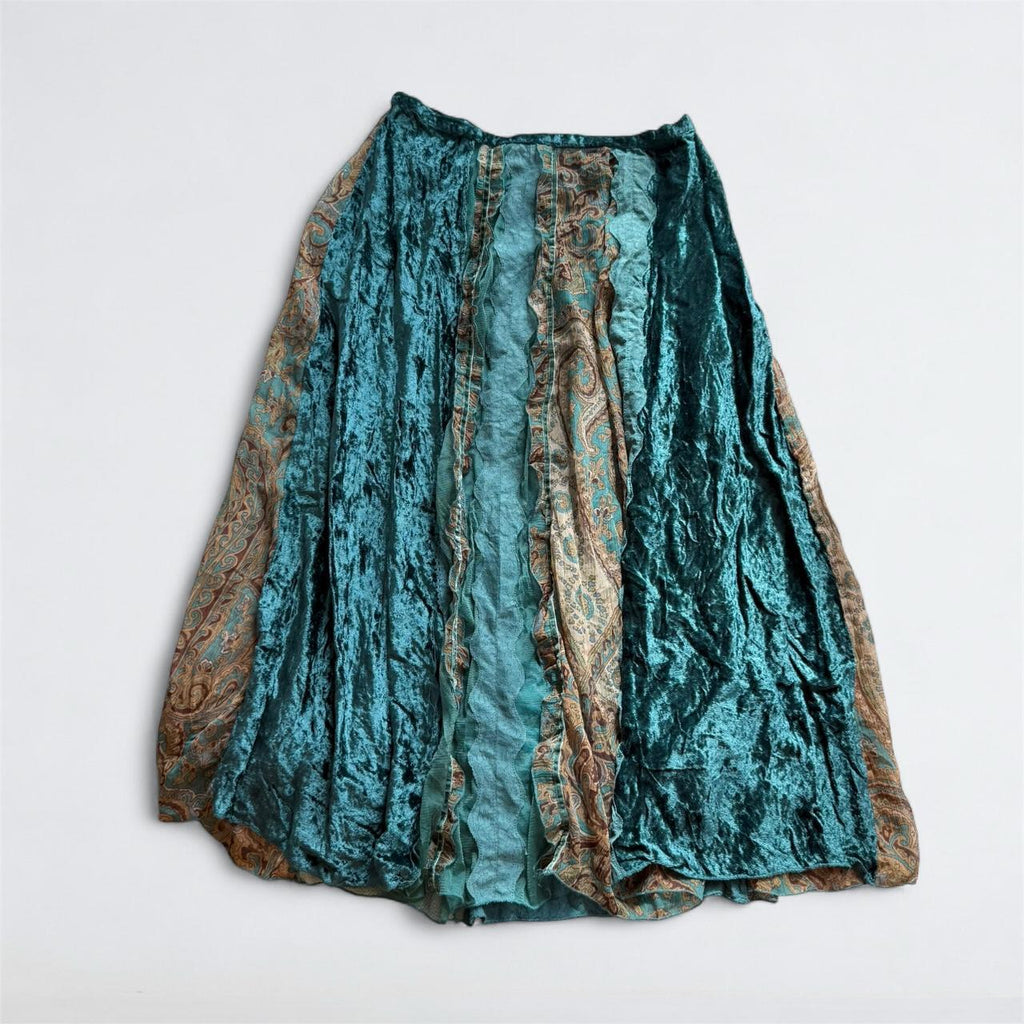 Y2K Teal Velvet & Lace Patchwork Midi Skirt
