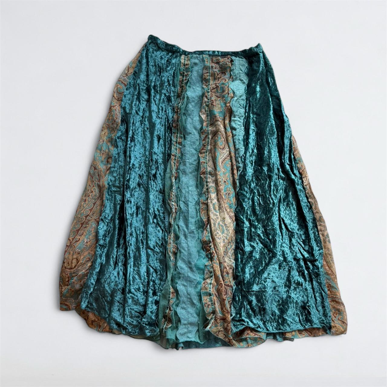 Y2K Teal Velvet & Lace Patchwork Midi Skirt