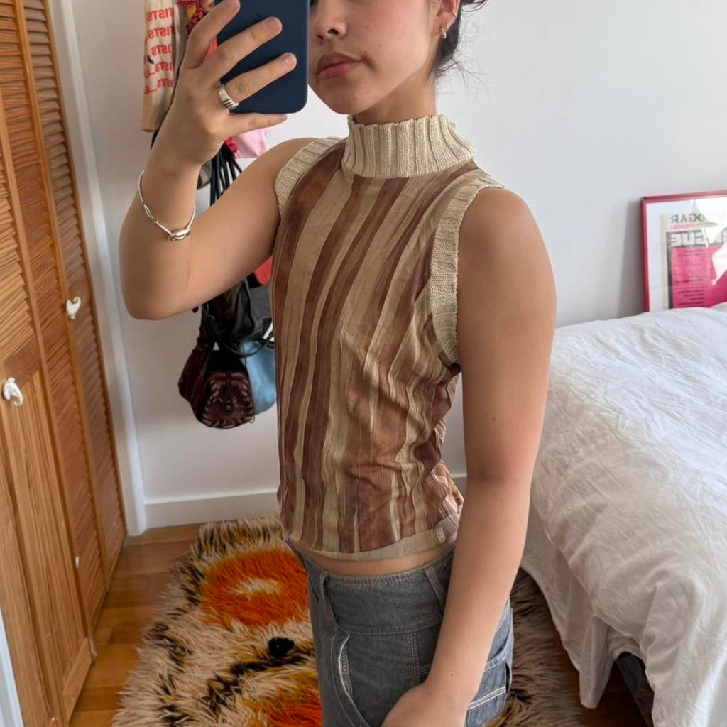 Brown Striped Sleeveless Mock Neck Top
