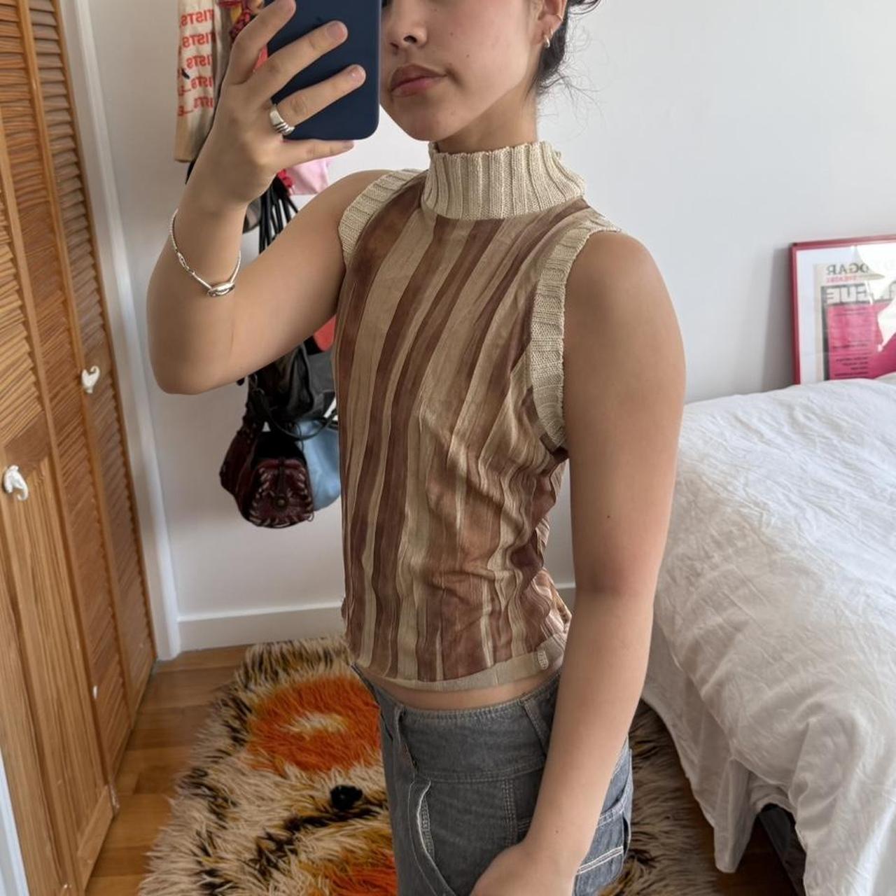 Brown Striped Sleeveless Mock Neck Top