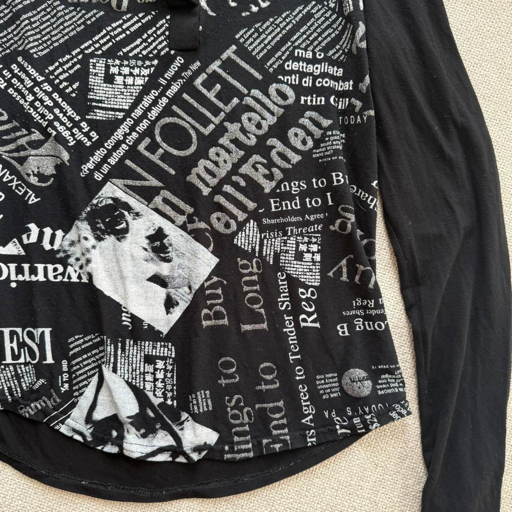 Y2K Black Newspaper Print Collared Top