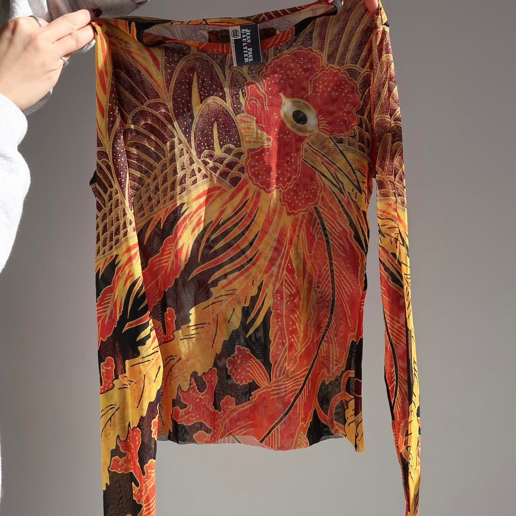 Jean Paul Gaultier 90s Rooster Print Mesh Top