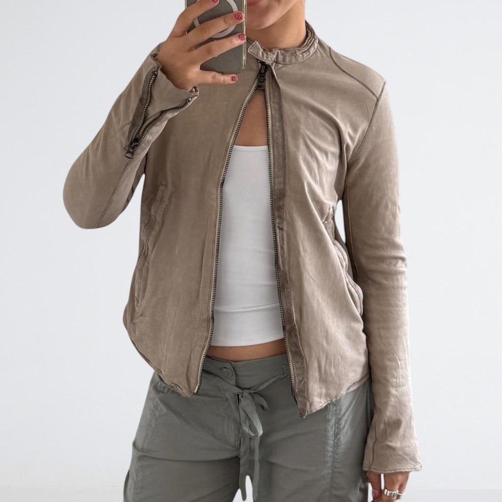 Grey Brown Genuine Leather Motorcycle Jacket