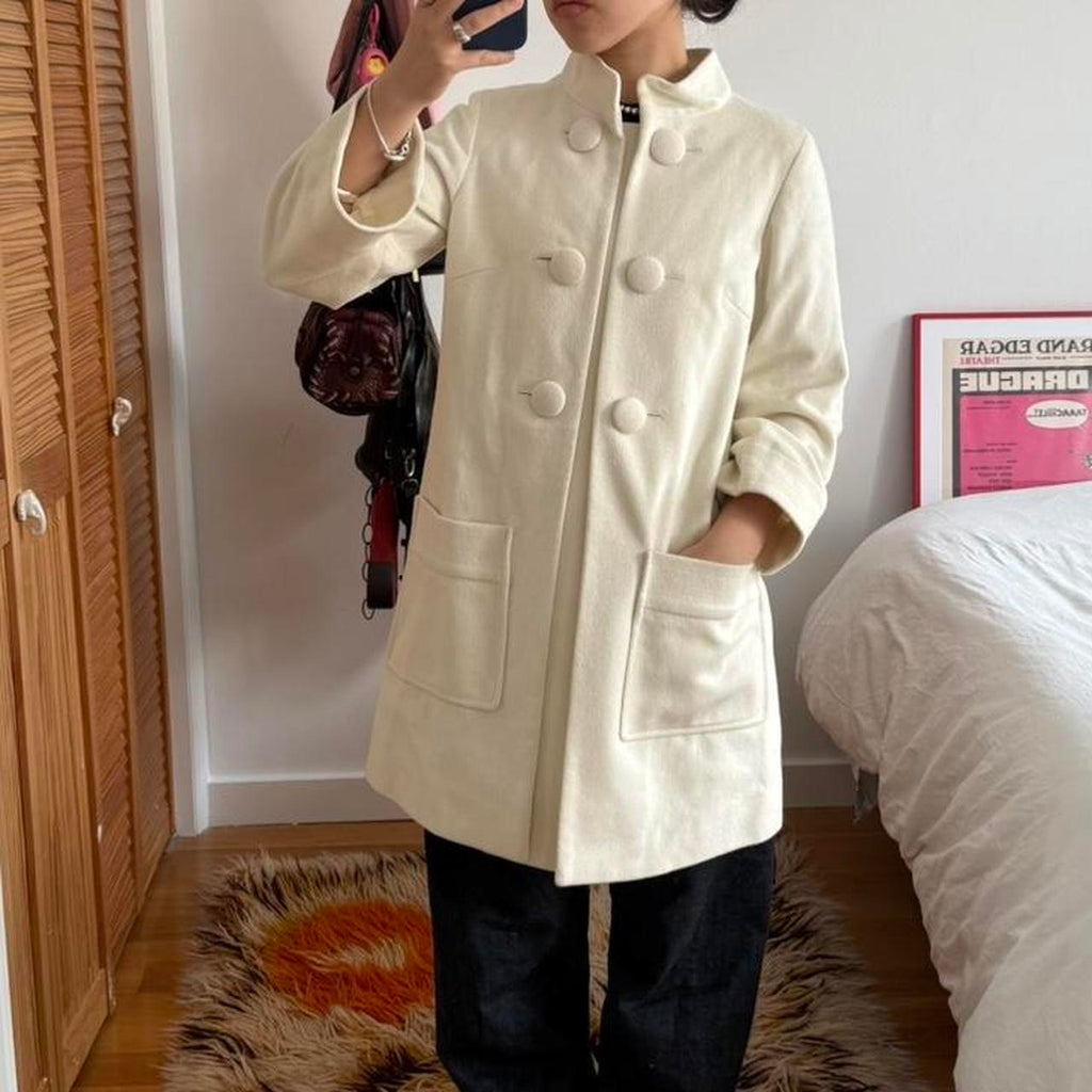 Cream Angora Cashmere Blend Stand Collar Coat