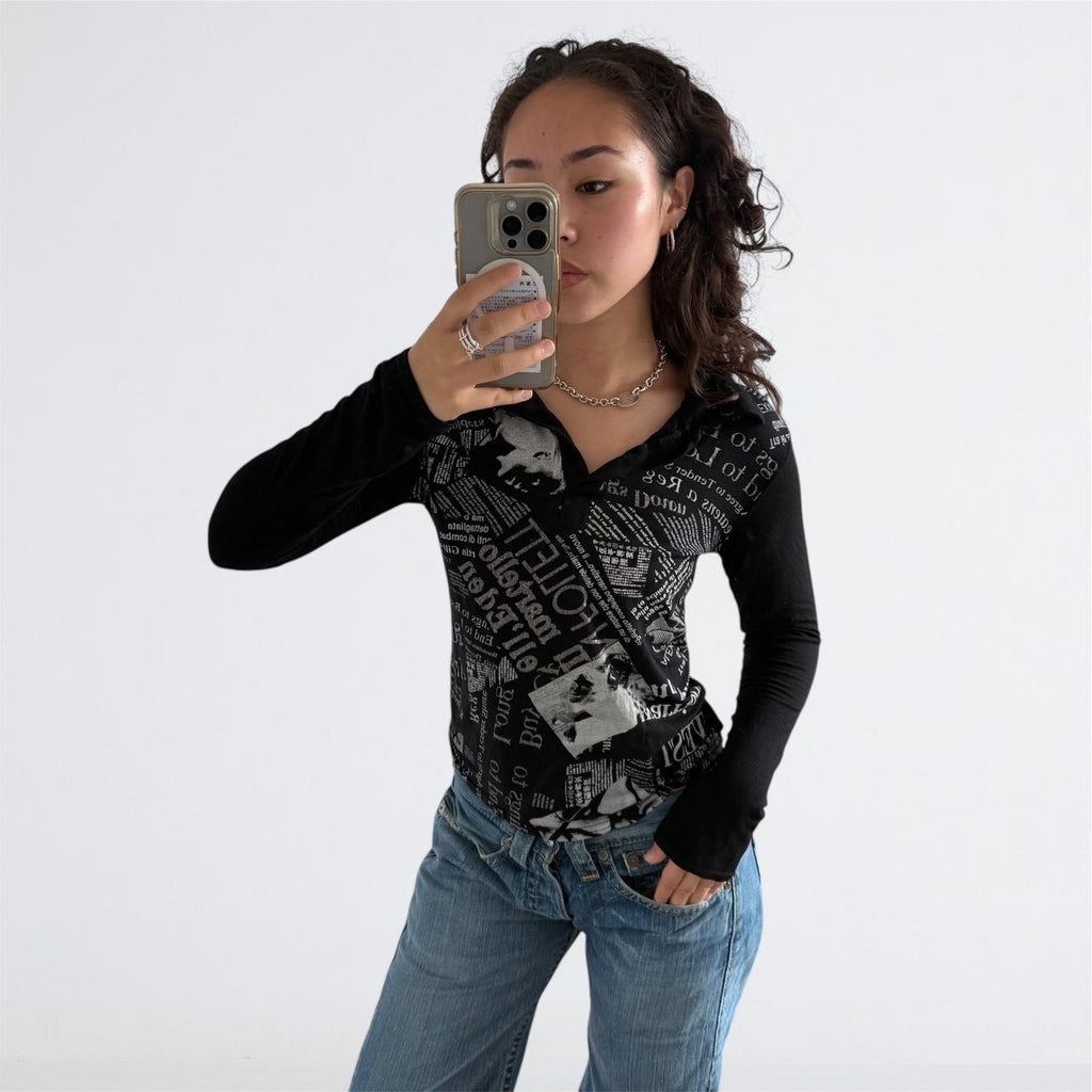 Y2K Black Newspaper Print Collared Top