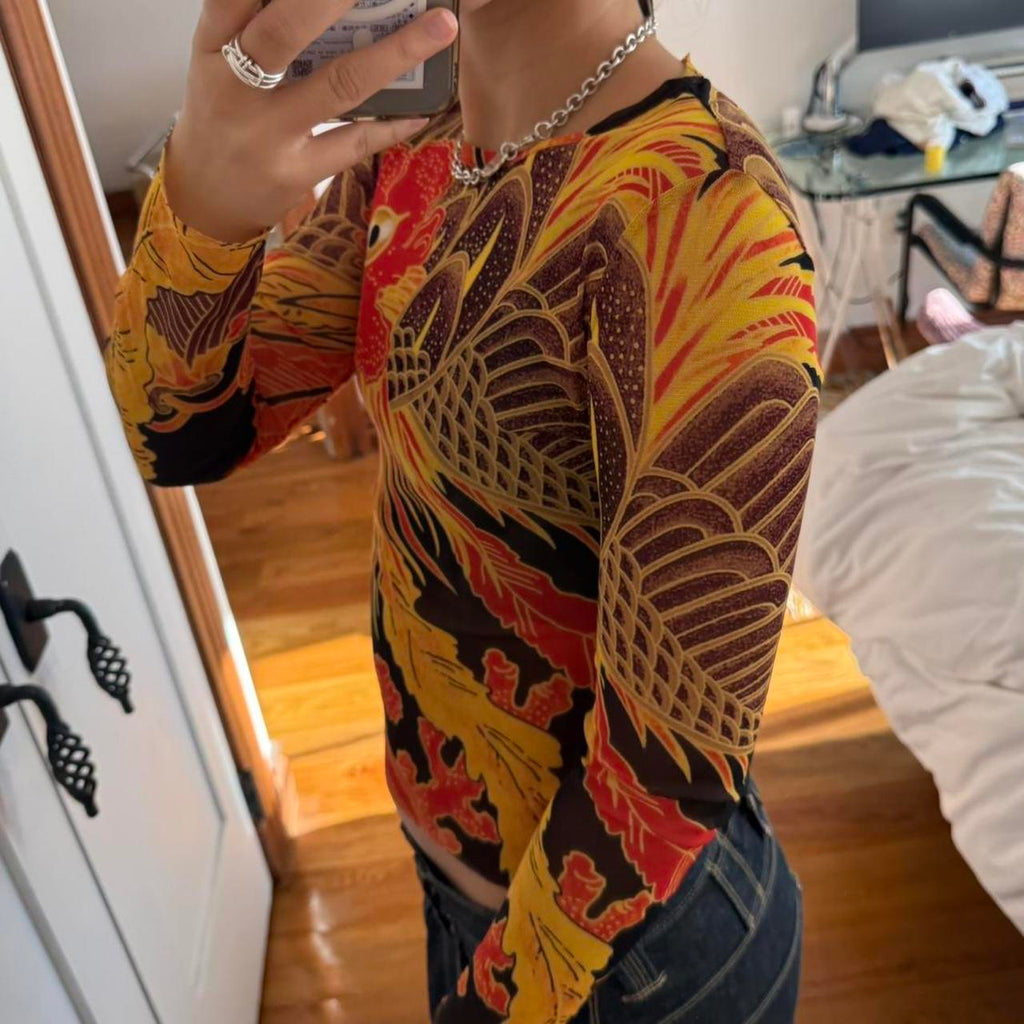 Jean Paul Gaultier 90s Rooster Print Mesh Top