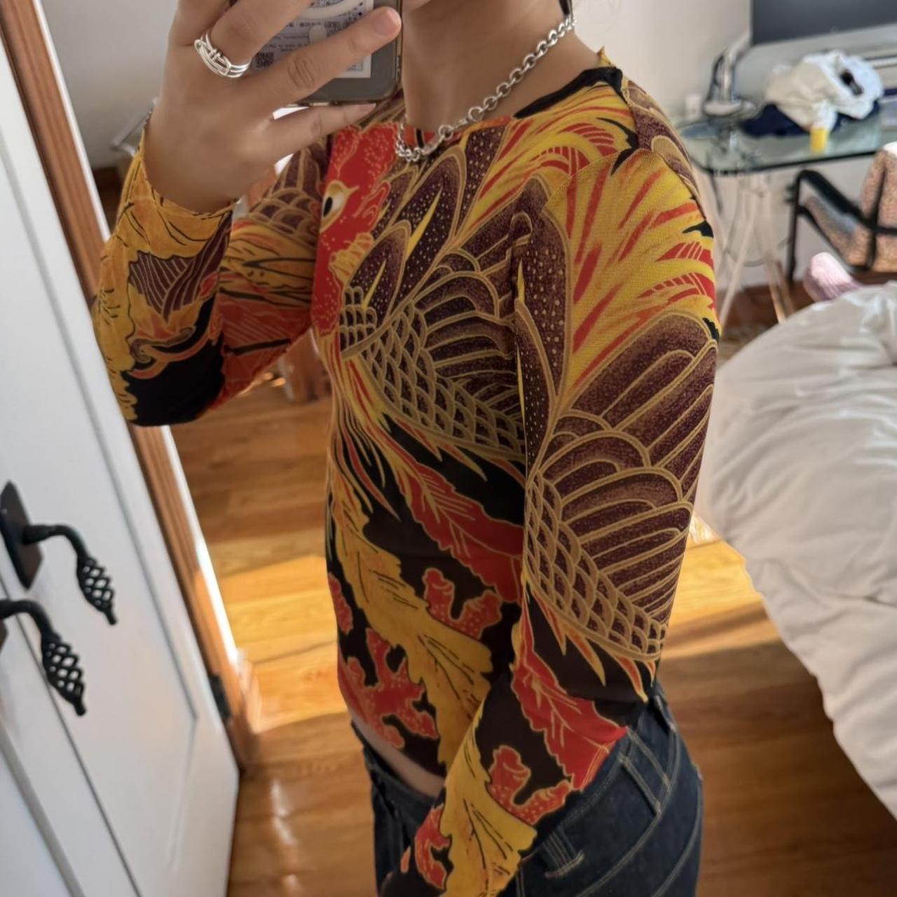 Jean Paul Gaultier 90s Rooster Print Mesh Top