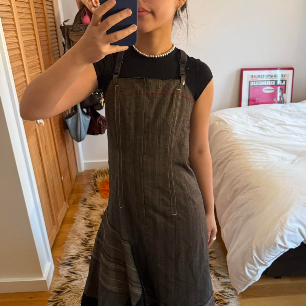 Vintage Brown Striped Apron Midi Dress