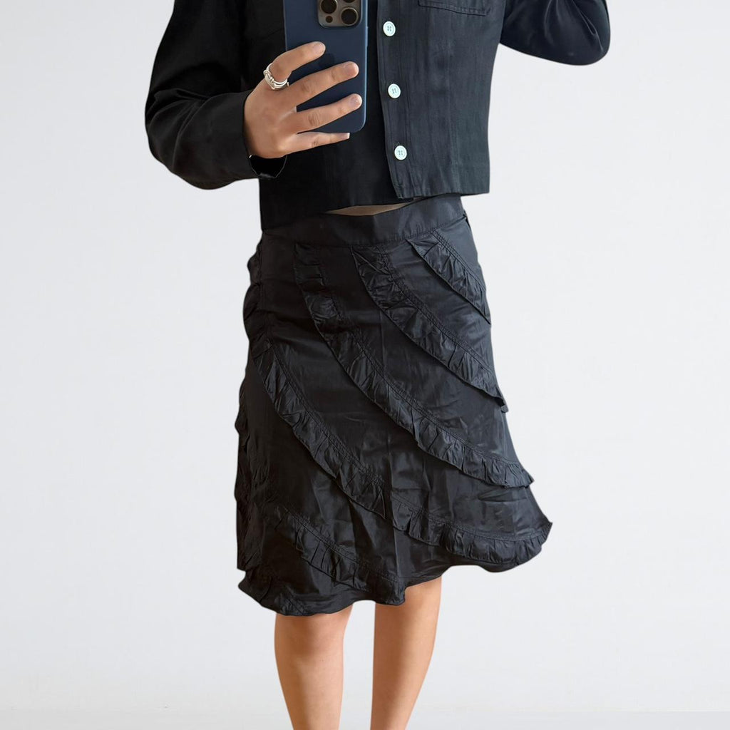Blumarine Black Silk Ruffle Bow Skirt
