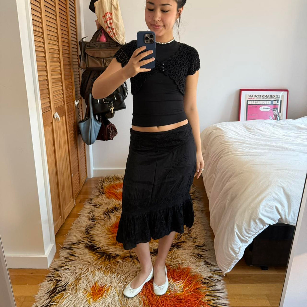 Y2K Black Embroidered Ruffle Midi Skirt