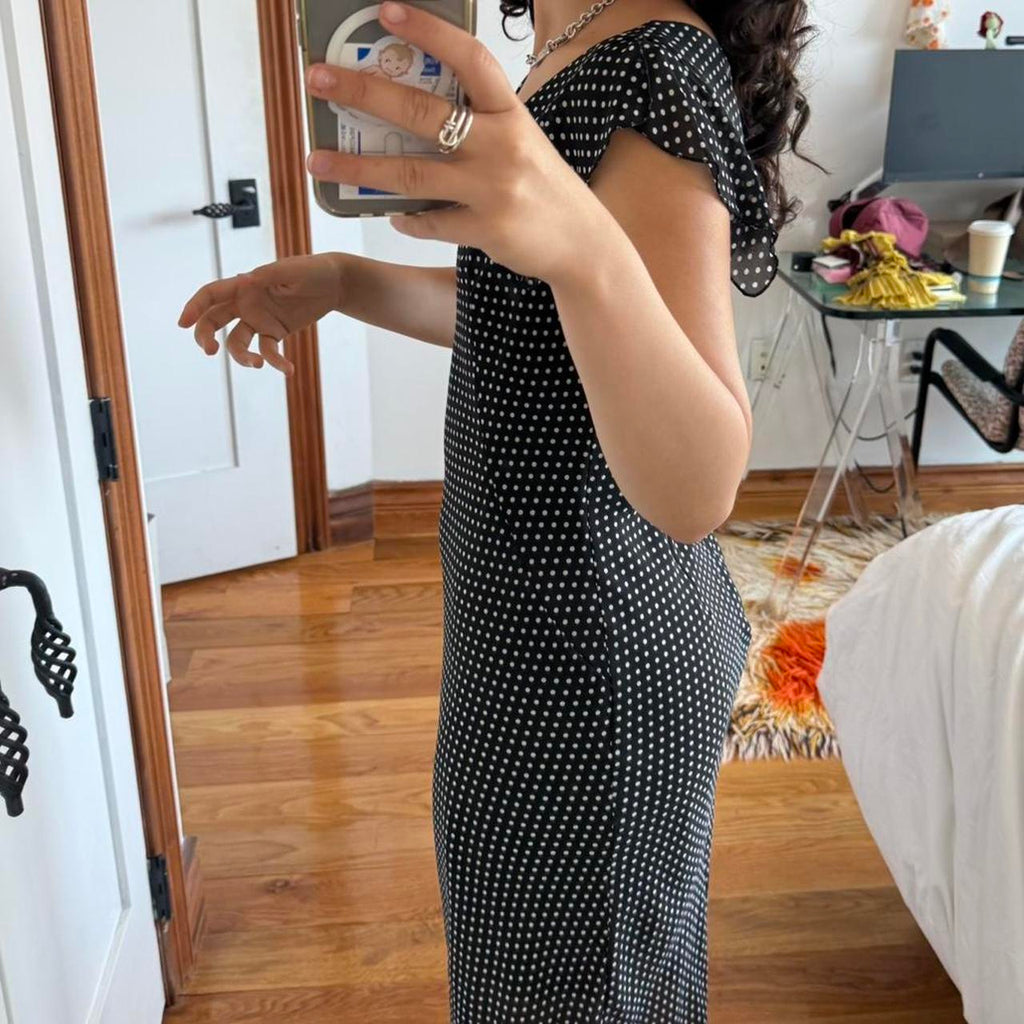 Black Polka Dot Ruched V-Neck Midi Dress