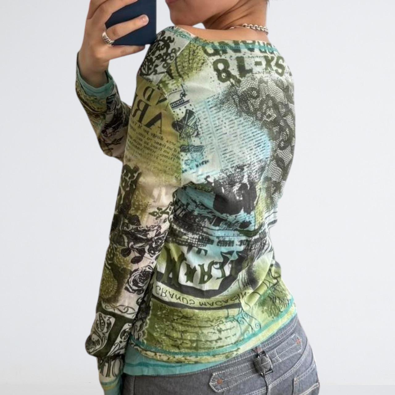 Y2K Green Mesh Newspaper Print Wrap Top