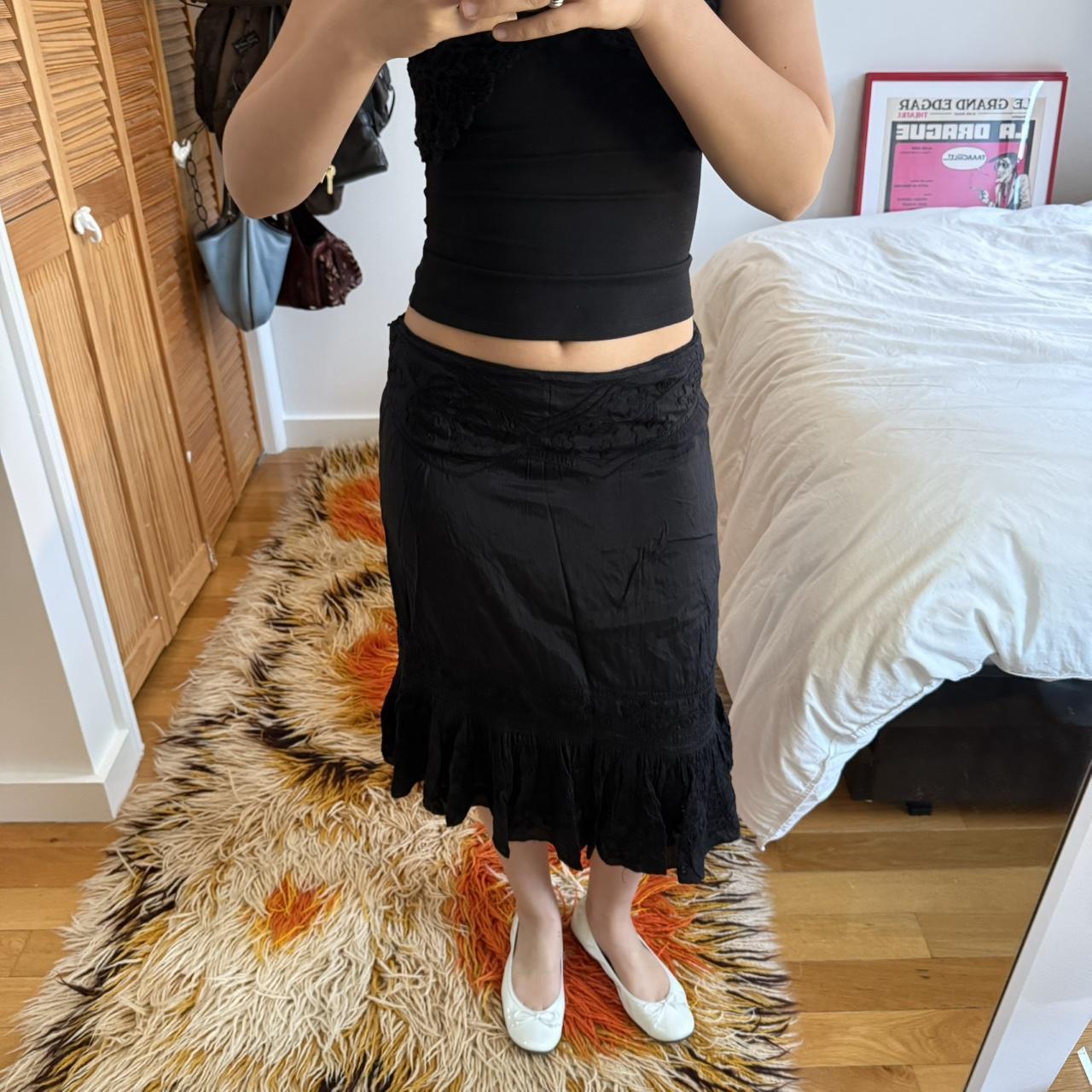 Y2K Black Embroidered Ruffle Midi Skirt
