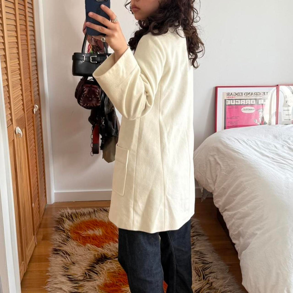 Cream Angora Cashmere Blend Stand Collar Coat