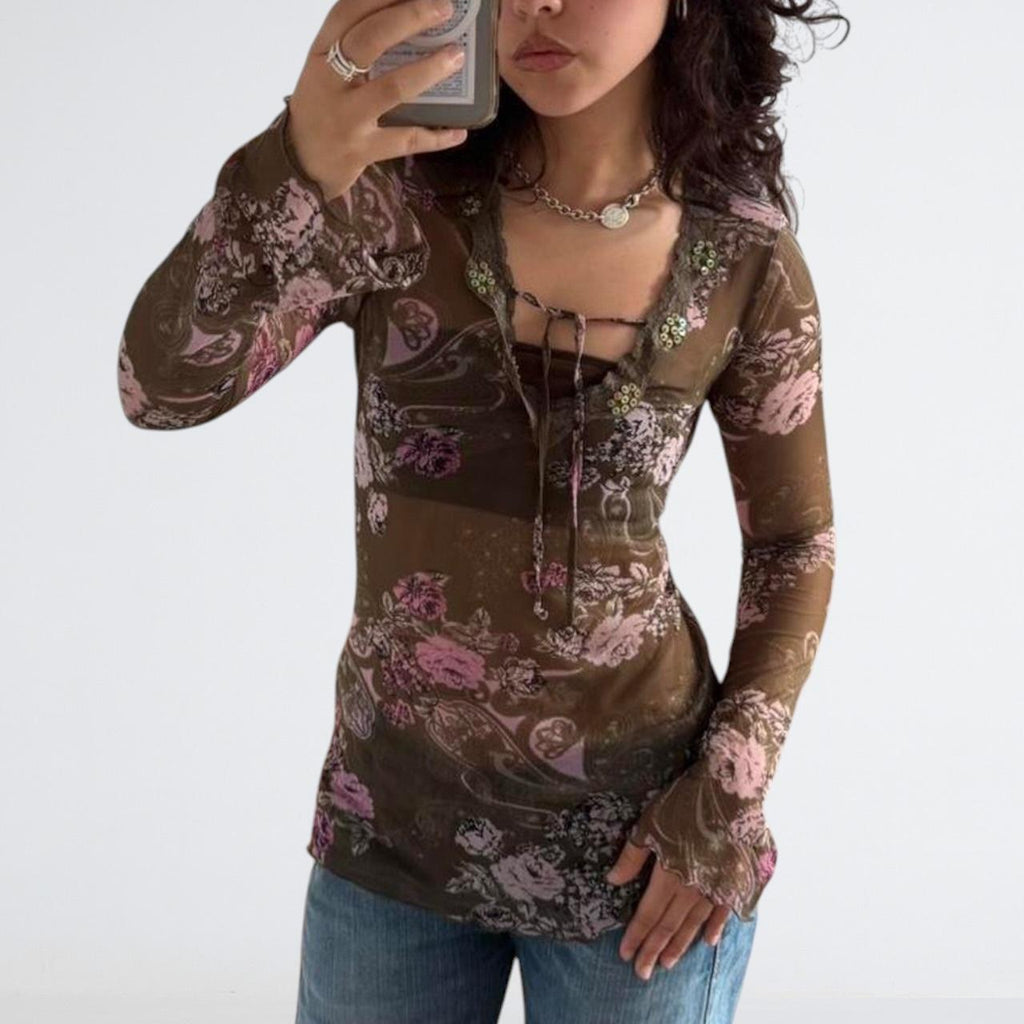 Y2K Olive Floral Mesh Sequin Long Sleeve Top