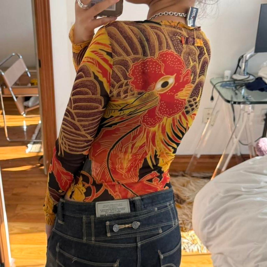 Jean Paul Gaultier 90s Rooster Print Mesh Top
