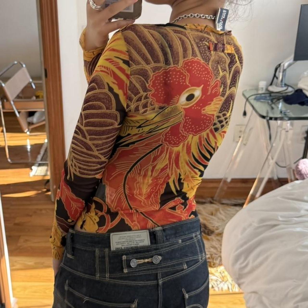 Jean Paul Gaultier 90s Rooster Print Mesh Top