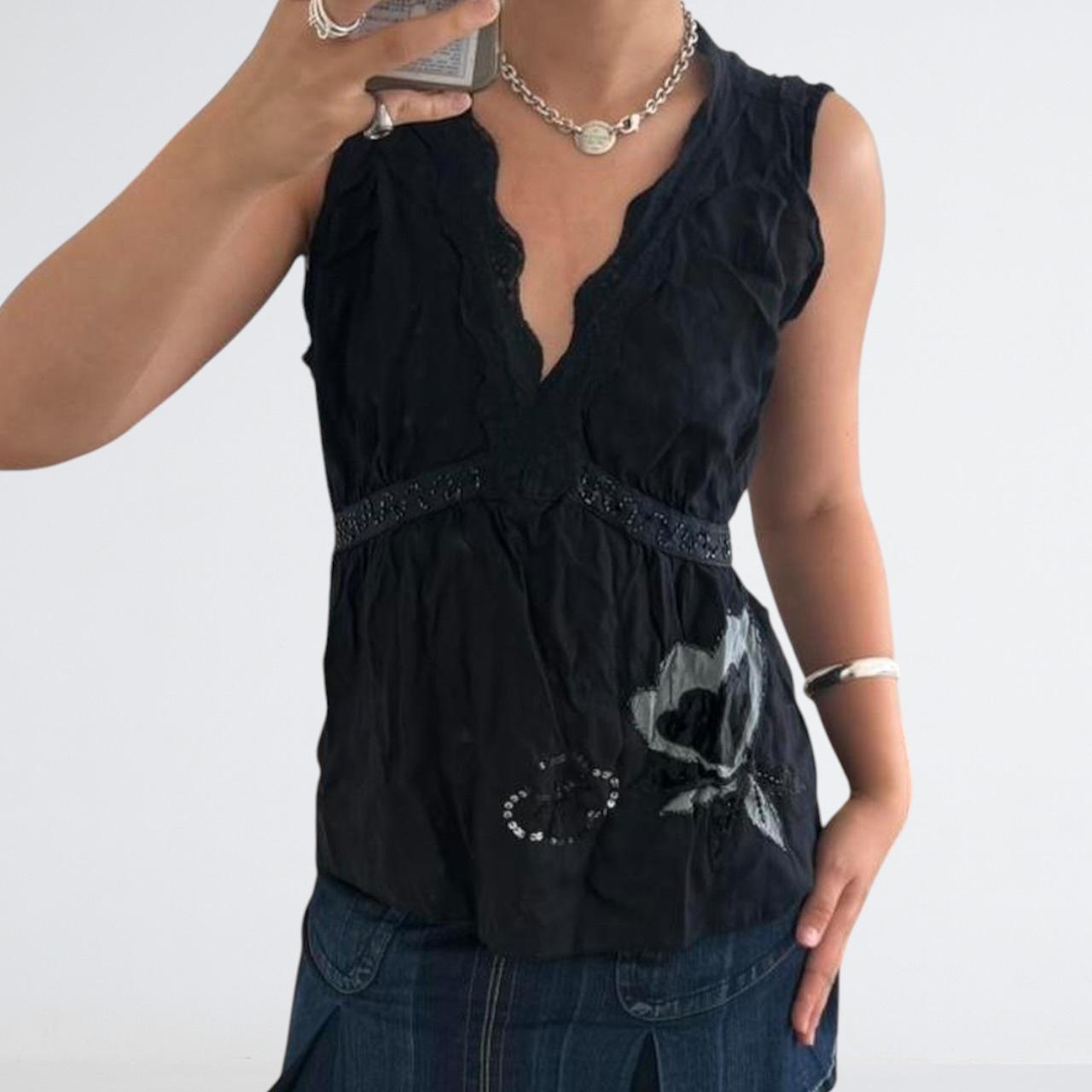 Black Floral Appliqué Beaded Cami Top