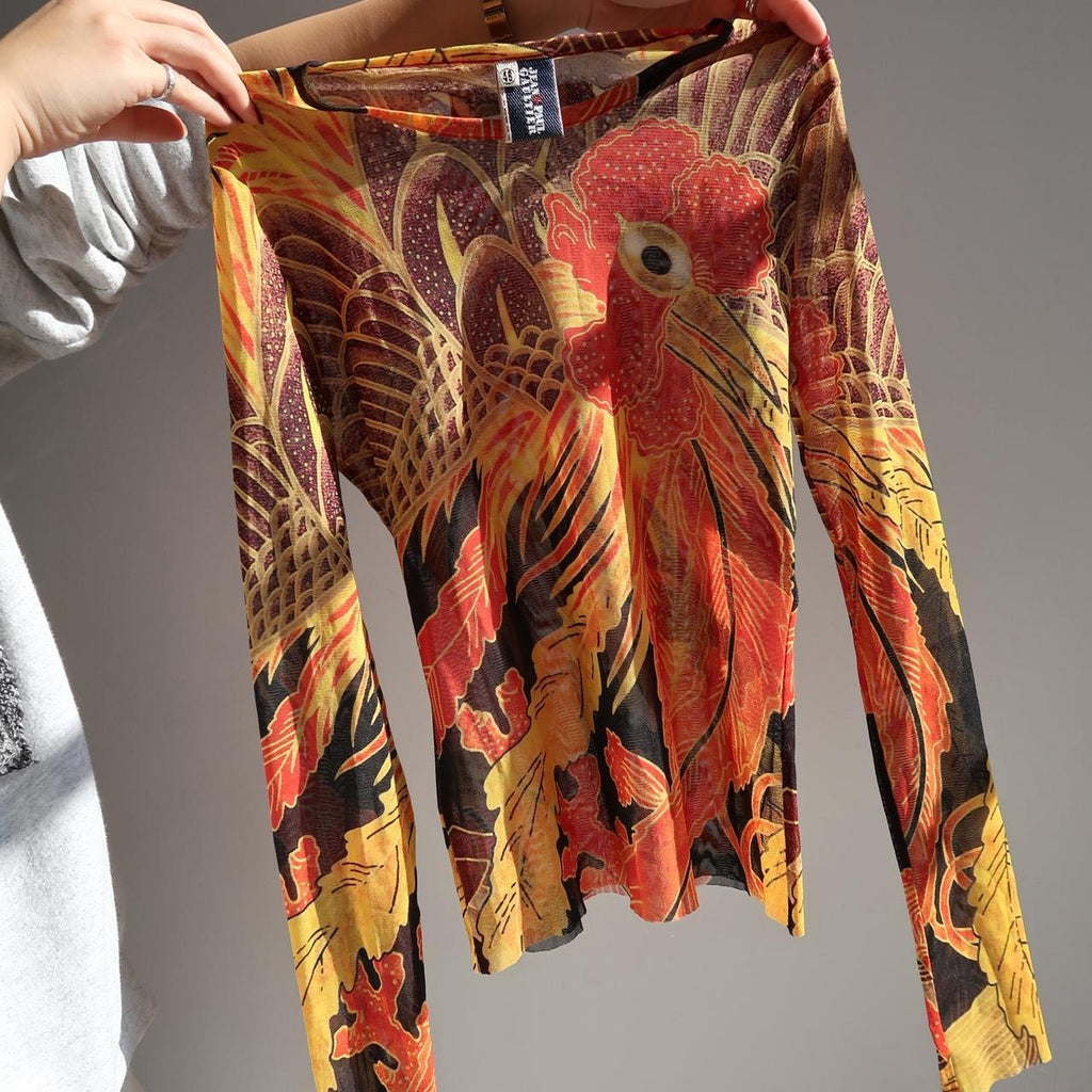 Jean Paul Gaultier 90s Rooster Print Mesh Top