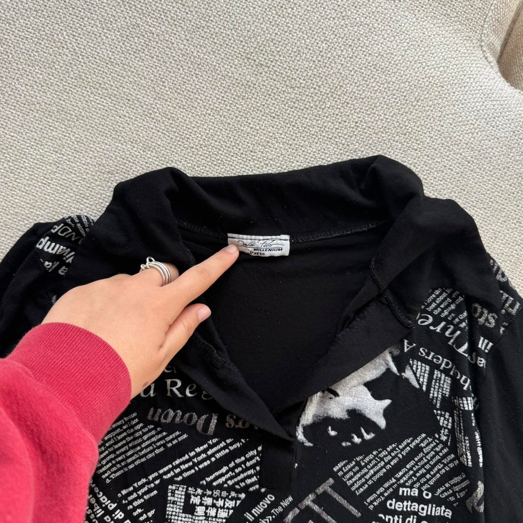 Y2K Black Newspaper Print Collared Top