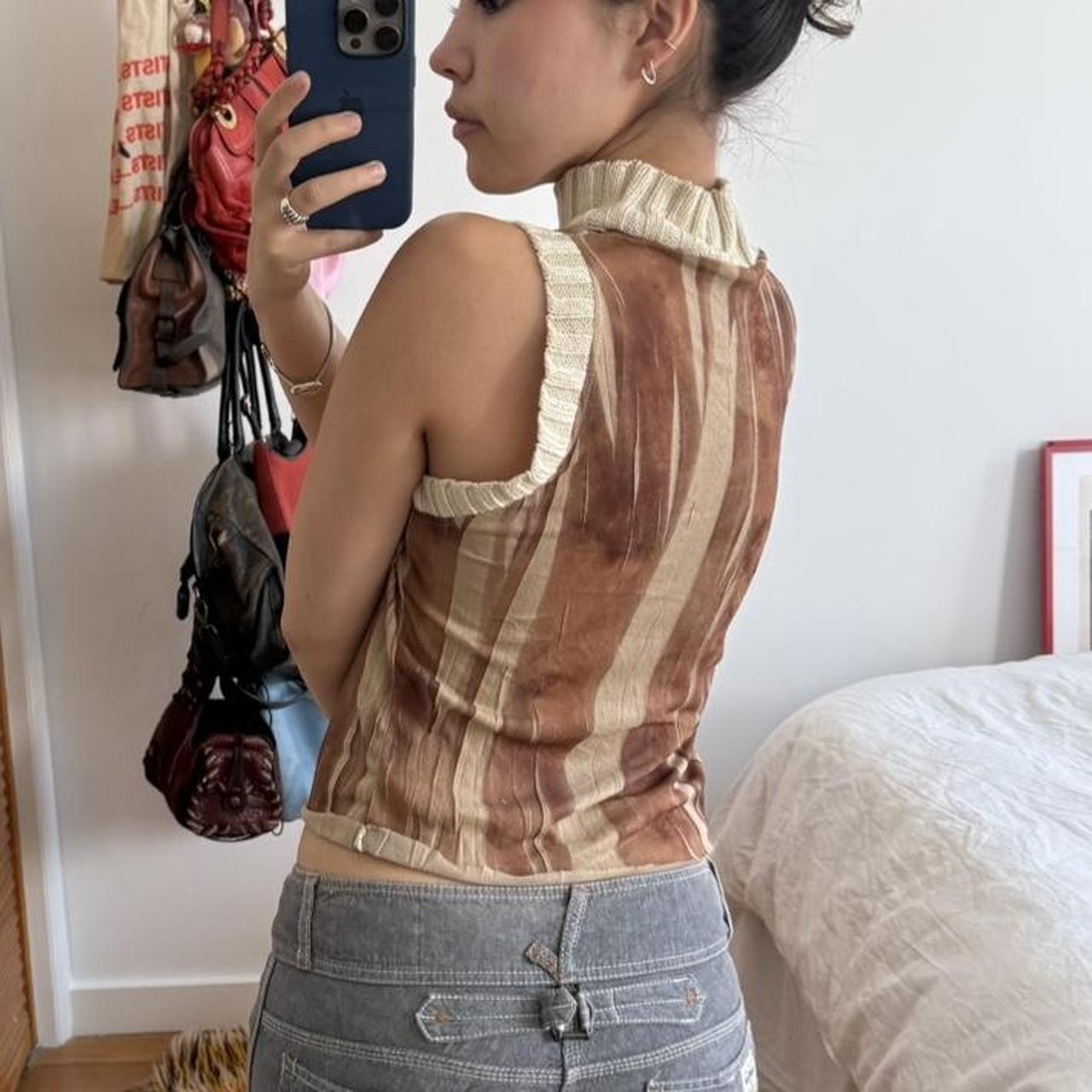 Brown Striped Sleeveless Mock Neck Top