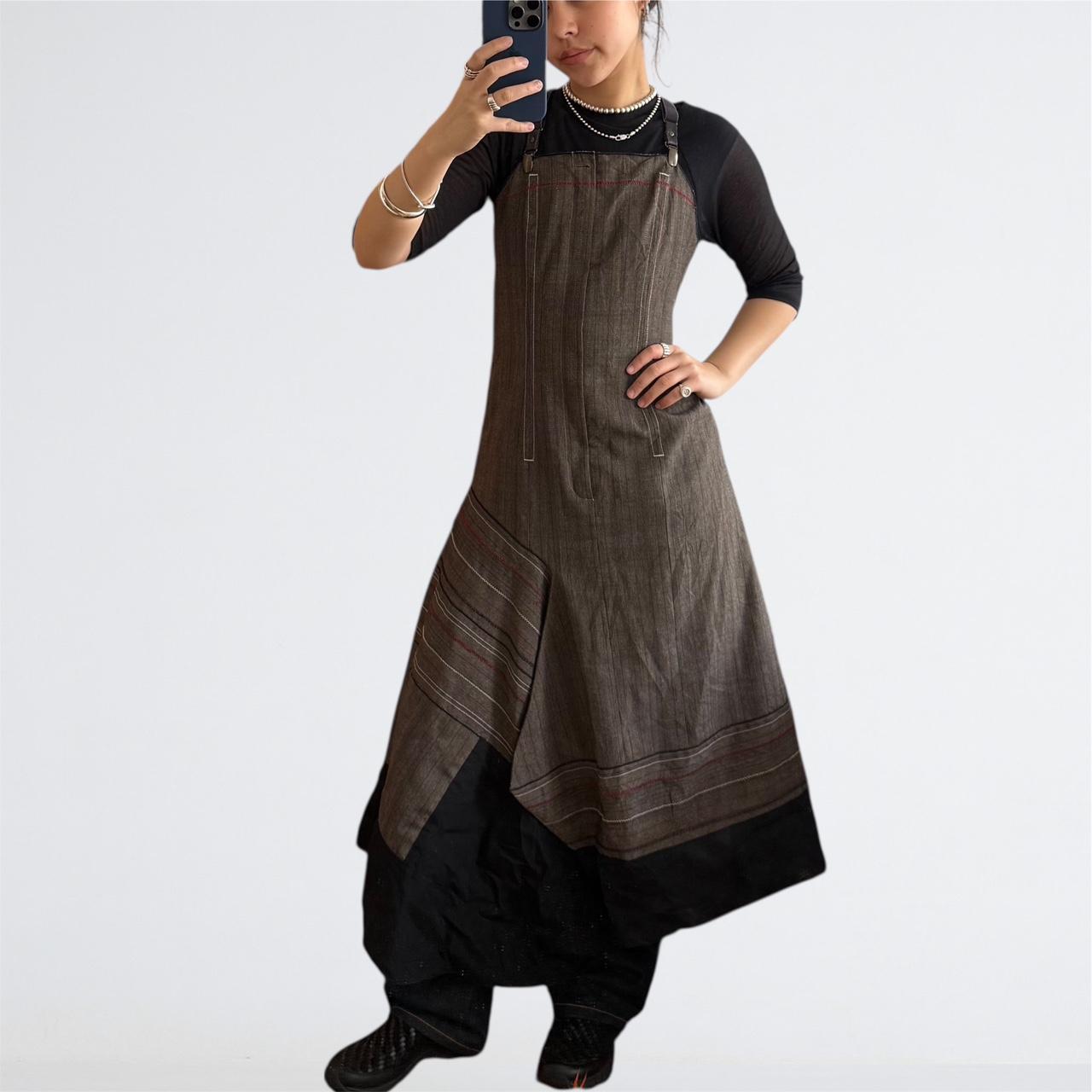 Vintage Brown Striped Apron Midi Dress