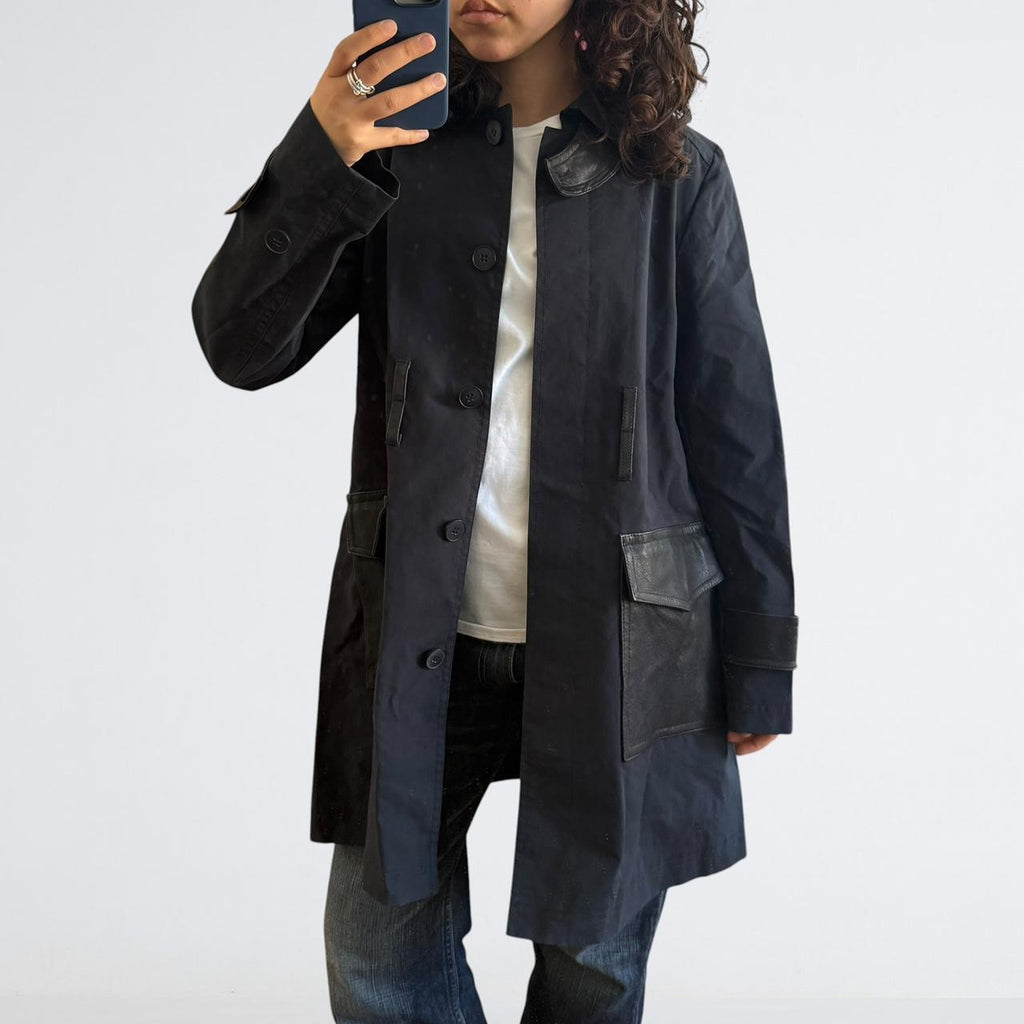 Theory Navy Leather-Trim Cotton Trench Coat