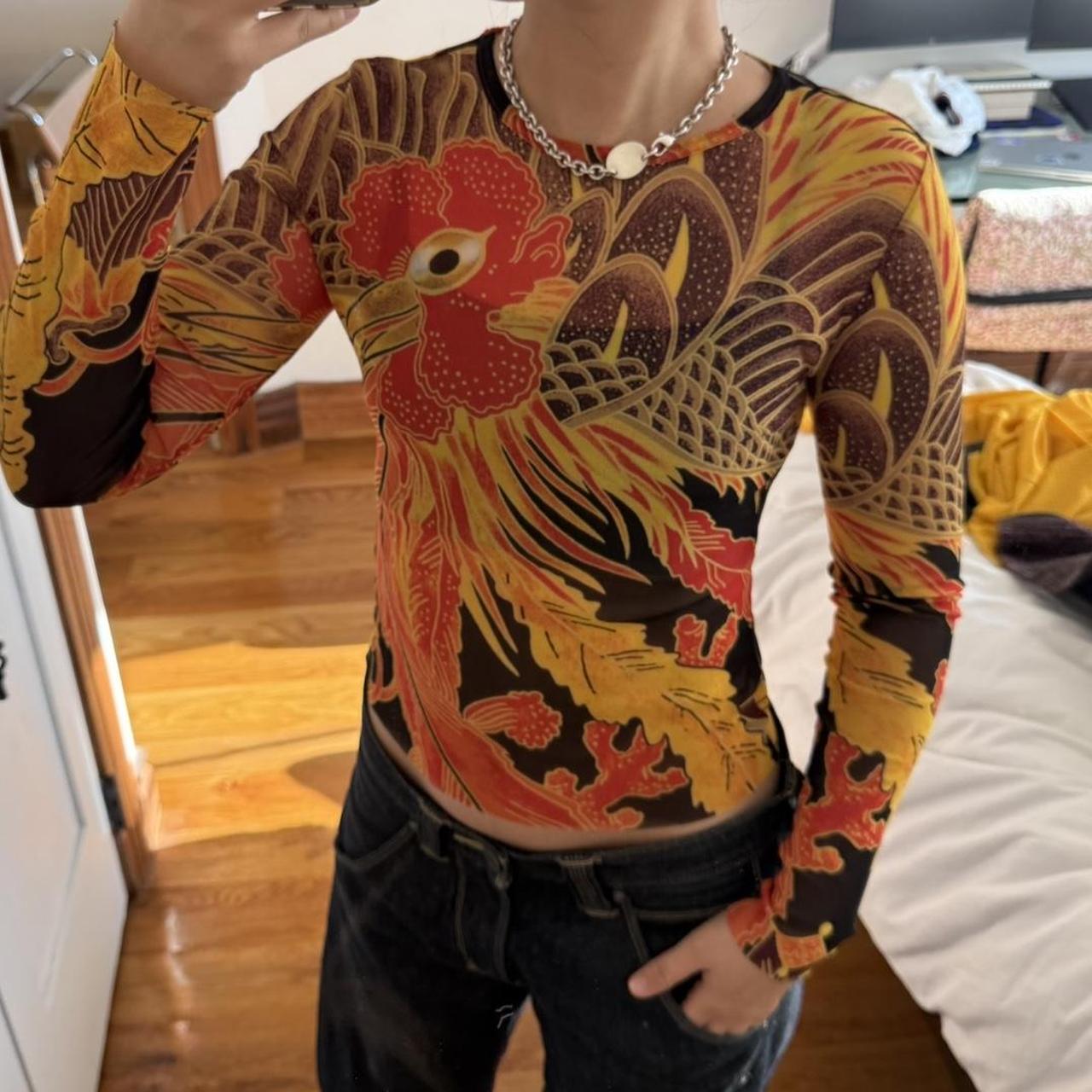Jean Paul Gaultier 90s Rooster Print Mesh Top