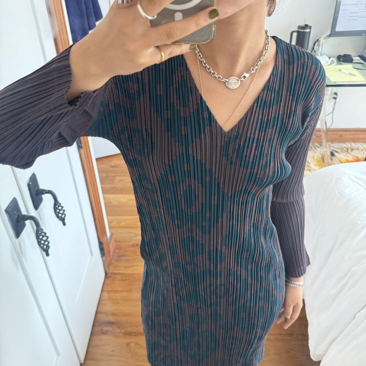 Pleats Please Issey Miyake Green & Brown Pleated Midi Dress