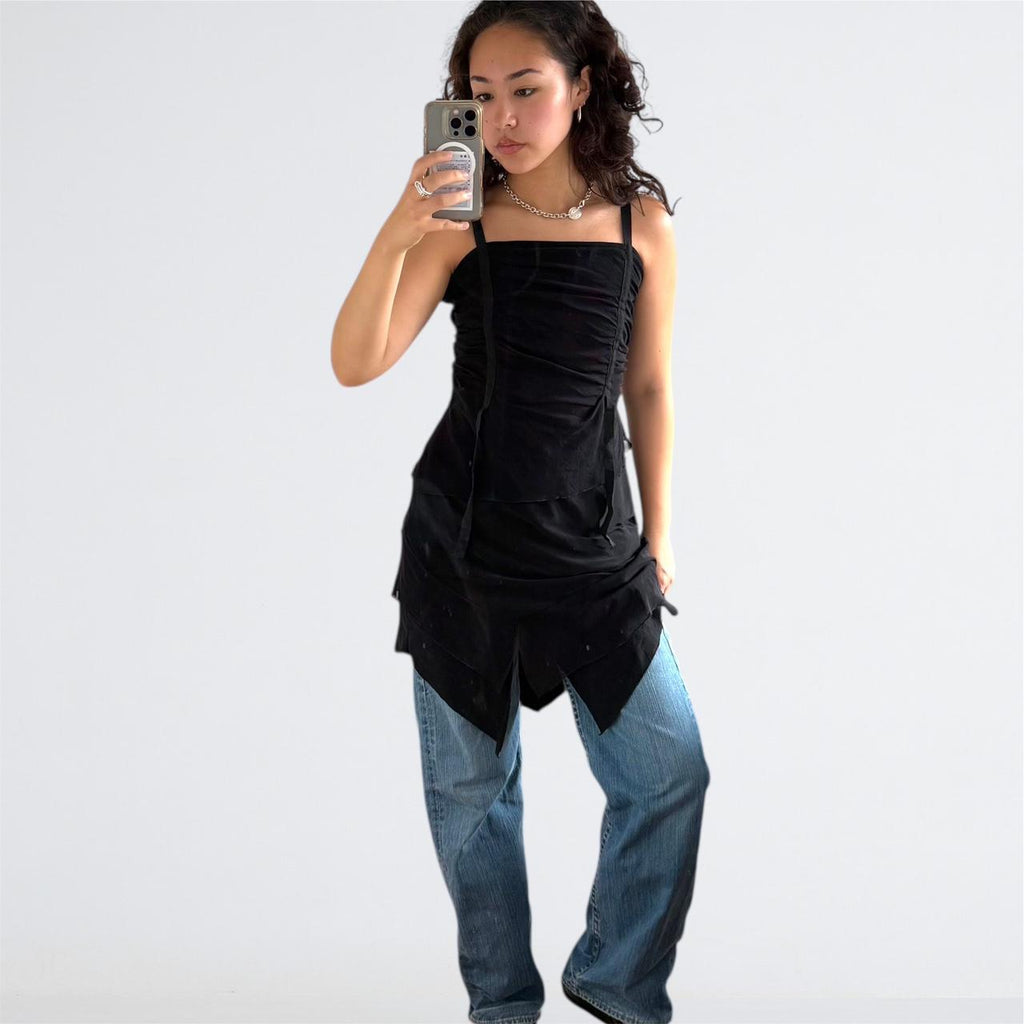 Y2K Black Ruched Mesh Fairy Mini Dress