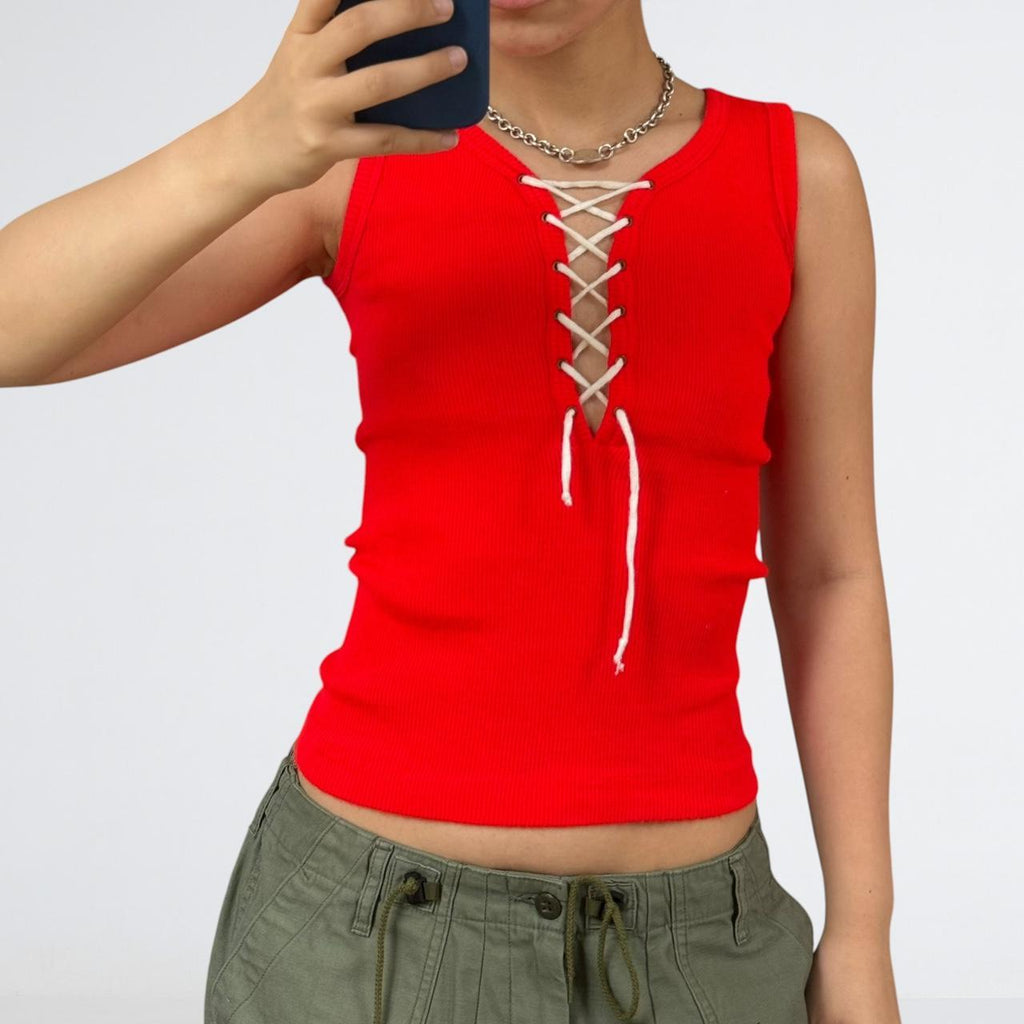 Dolan Vintage Red Ribbed Lace-Up Tank