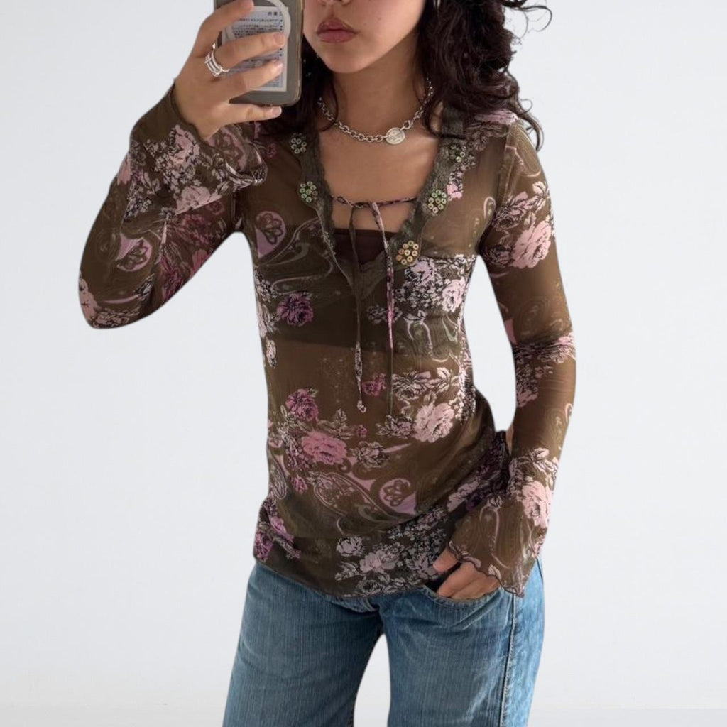 Y2K Olive Floral Mesh Sequin Long Sleeve Top