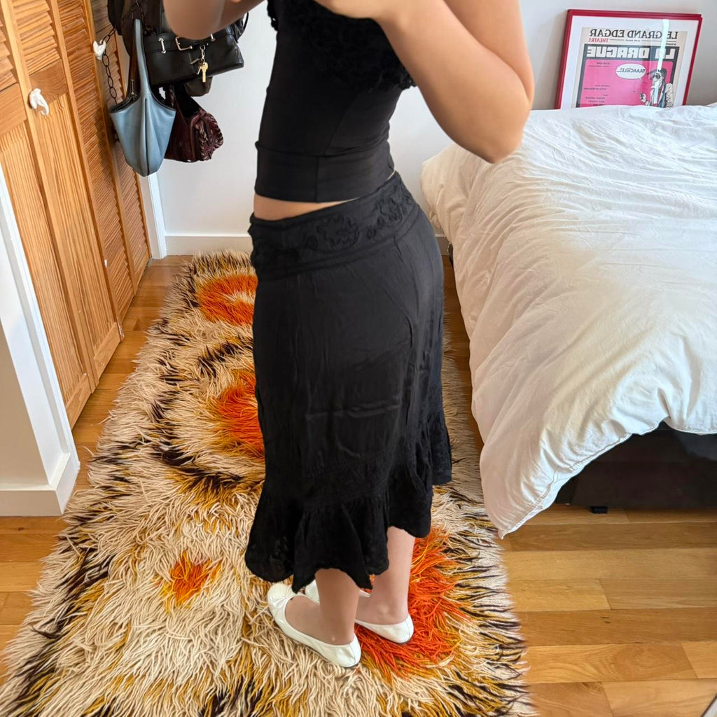 Y2K Black Embroidered Ruffle Midi Skirt