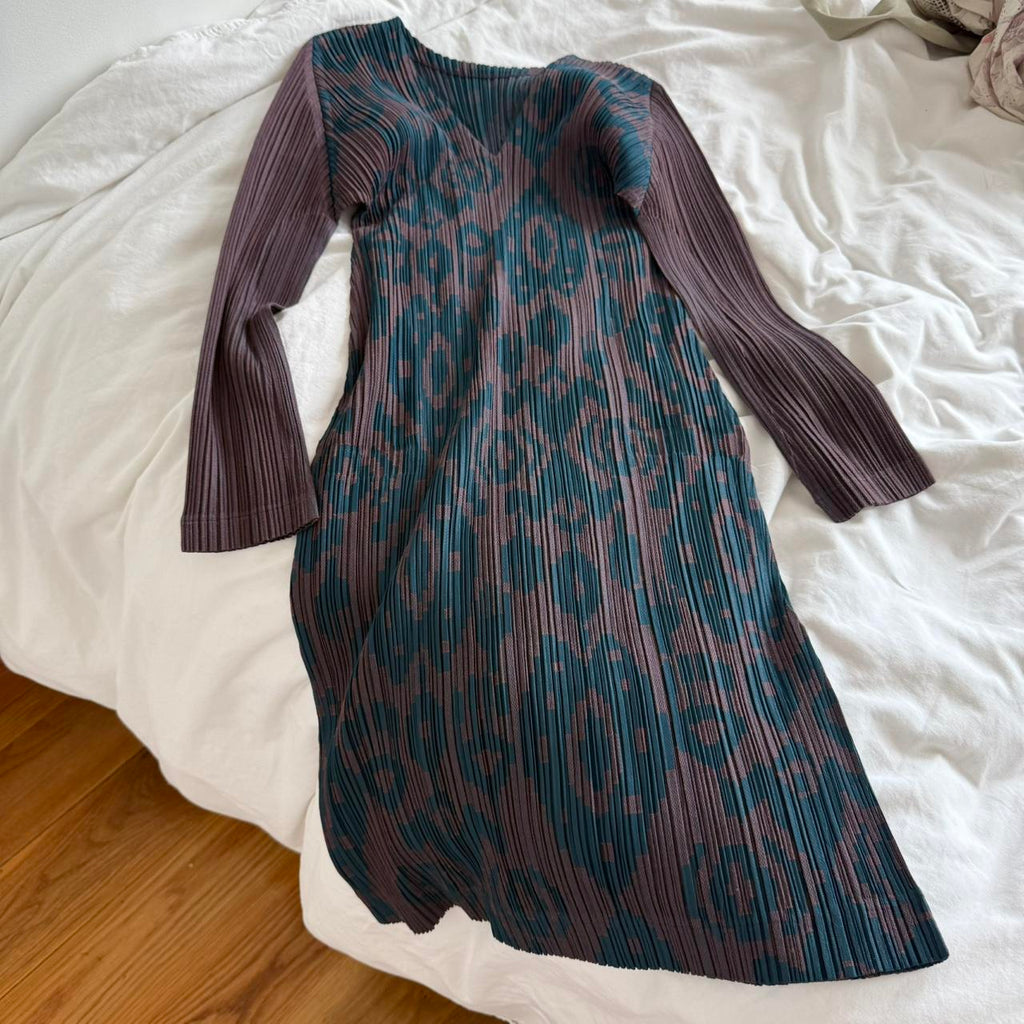 Pleats Please Issey Miyake Green & Brown Pleated Midi Dress
