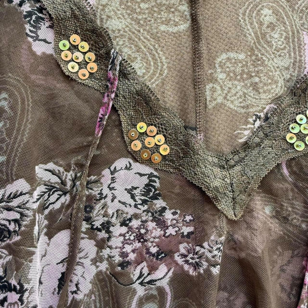 Y2K Olive Floral Mesh Sequin Long Sleeve Top