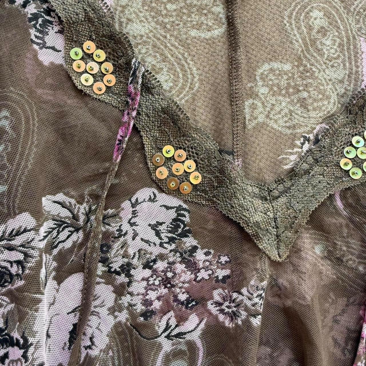 Y2K Olive Floral Mesh Sequin Long Sleeve Top