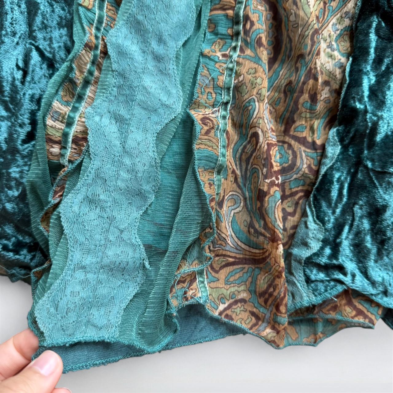 Y2K Teal Velvet & Lace Patchwork Midi Skirt