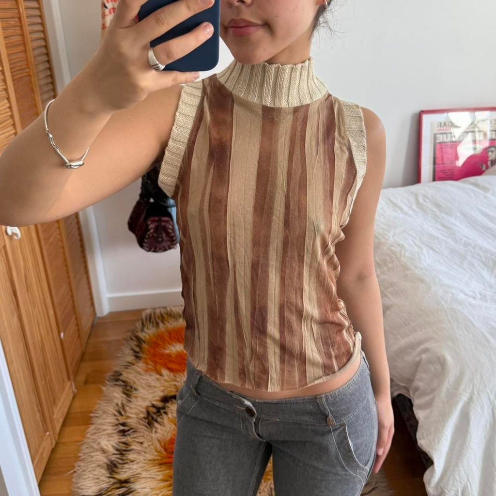 Brown Striped Sleeveless Mock Neck Top