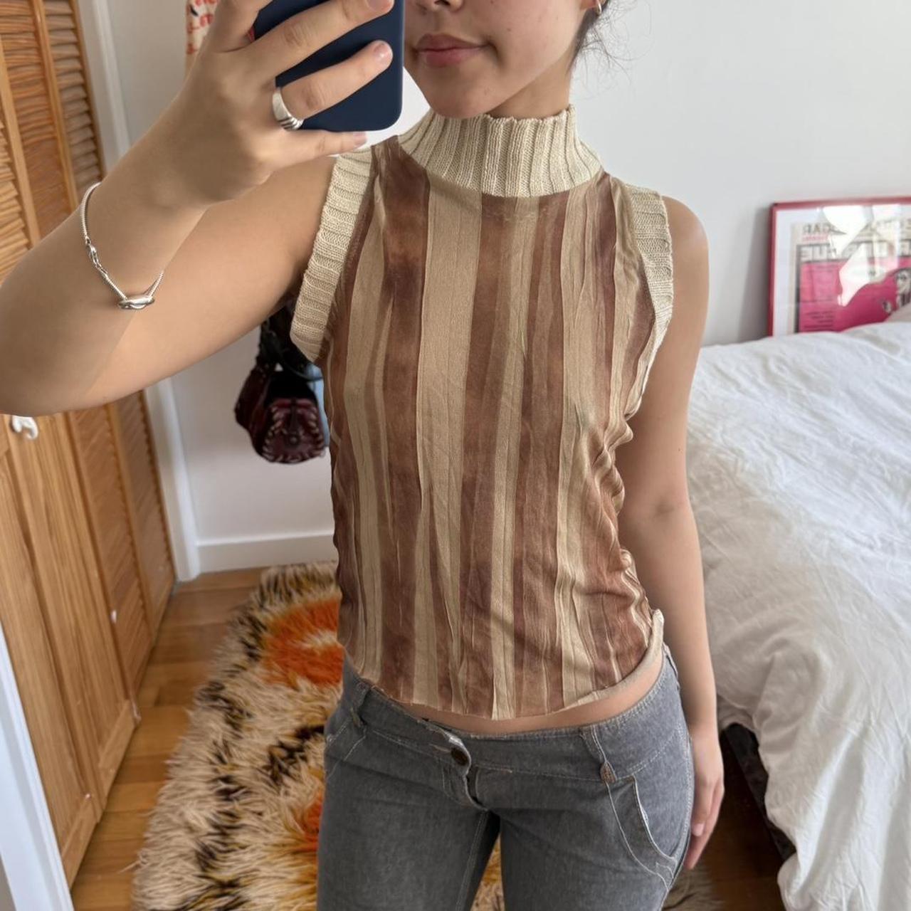 Brown Striped Sleeveless Mock Neck Top