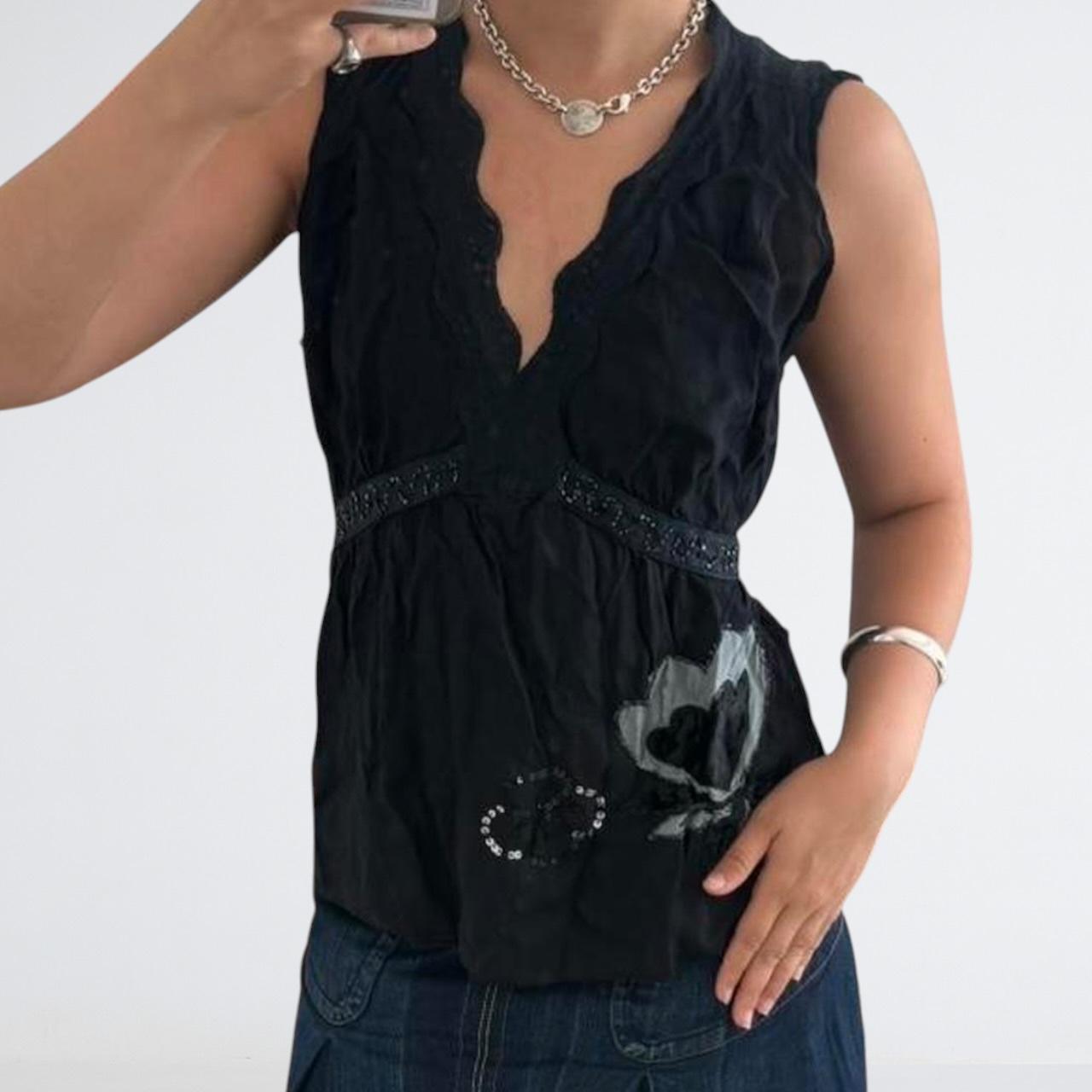 Black Floral Appliqué Beaded Cami Top