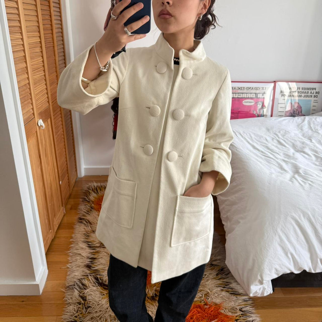 Cream Angora Cashmere Blend Stand Collar Coat