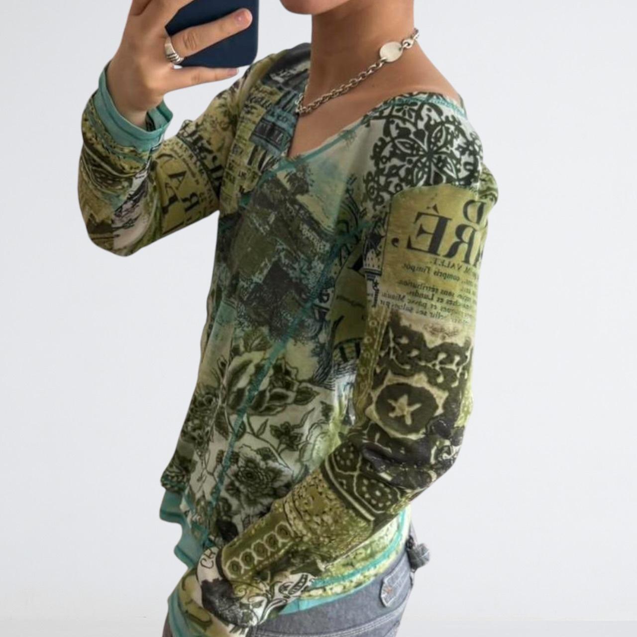 Y2K Green Mesh Newspaper Print Wrap Top