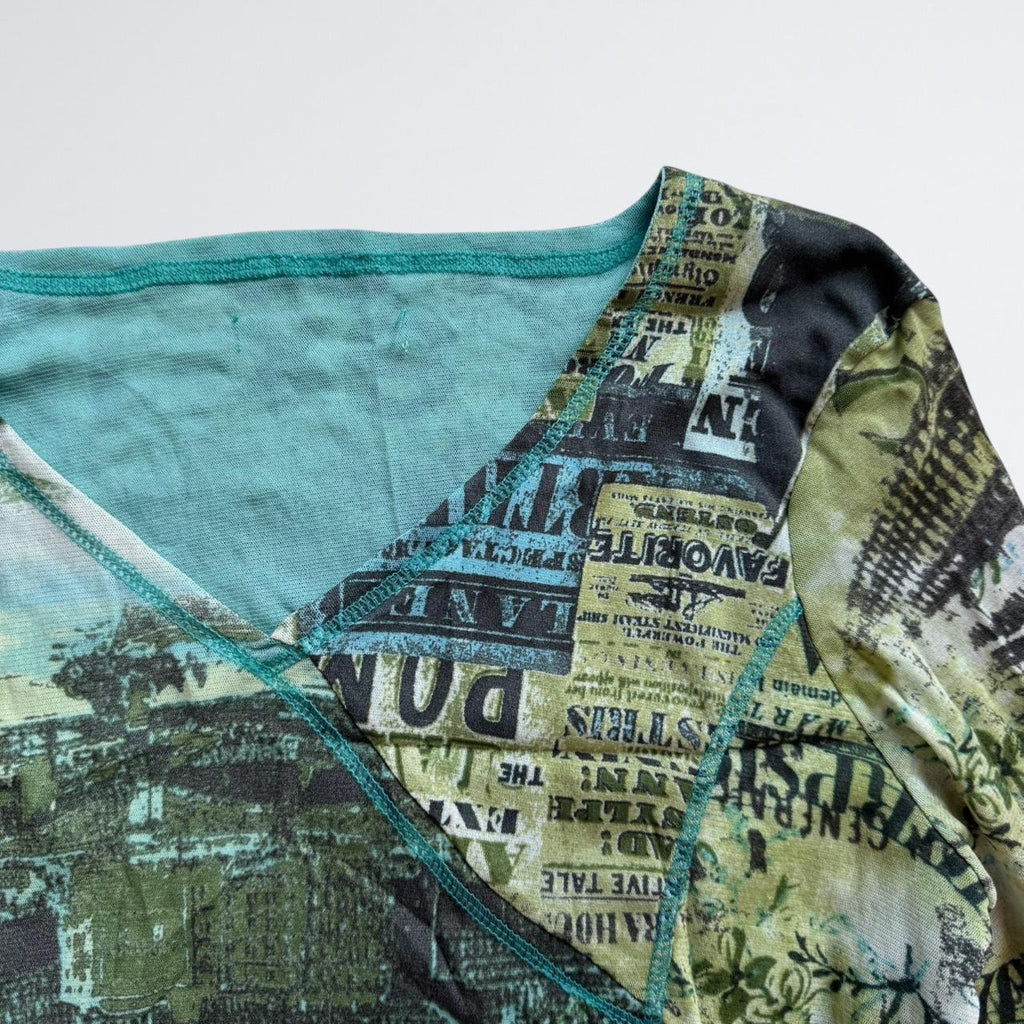 Y2K Green Mesh Newspaper Print Wrap Top