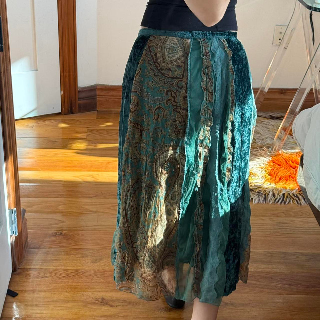 Y2K Teal Velvet & Lace Patchwork Midi Skirt