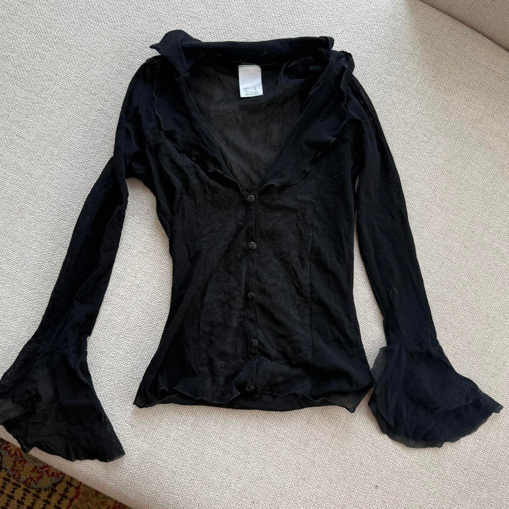 Black Sheer Mesh Ruffle Cuff Top
