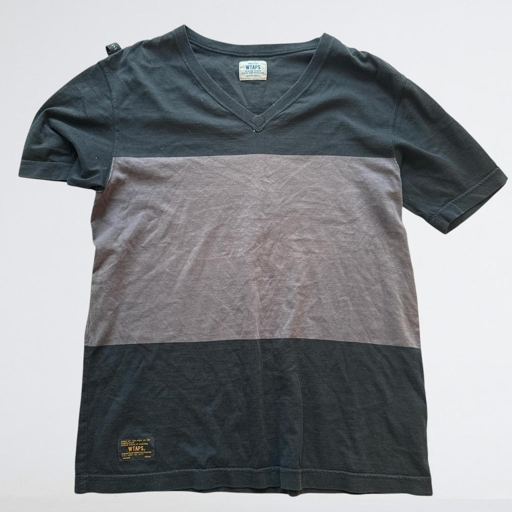 WTAPS Grey & Black Striped V-Neck T-Shirt