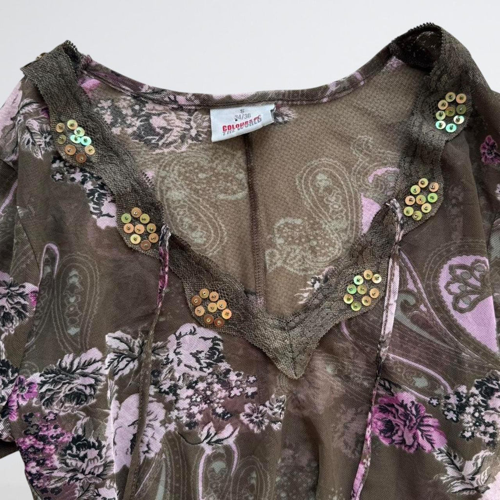 Y2K Olive Floral Mesh Sequin Long Sleeve Top