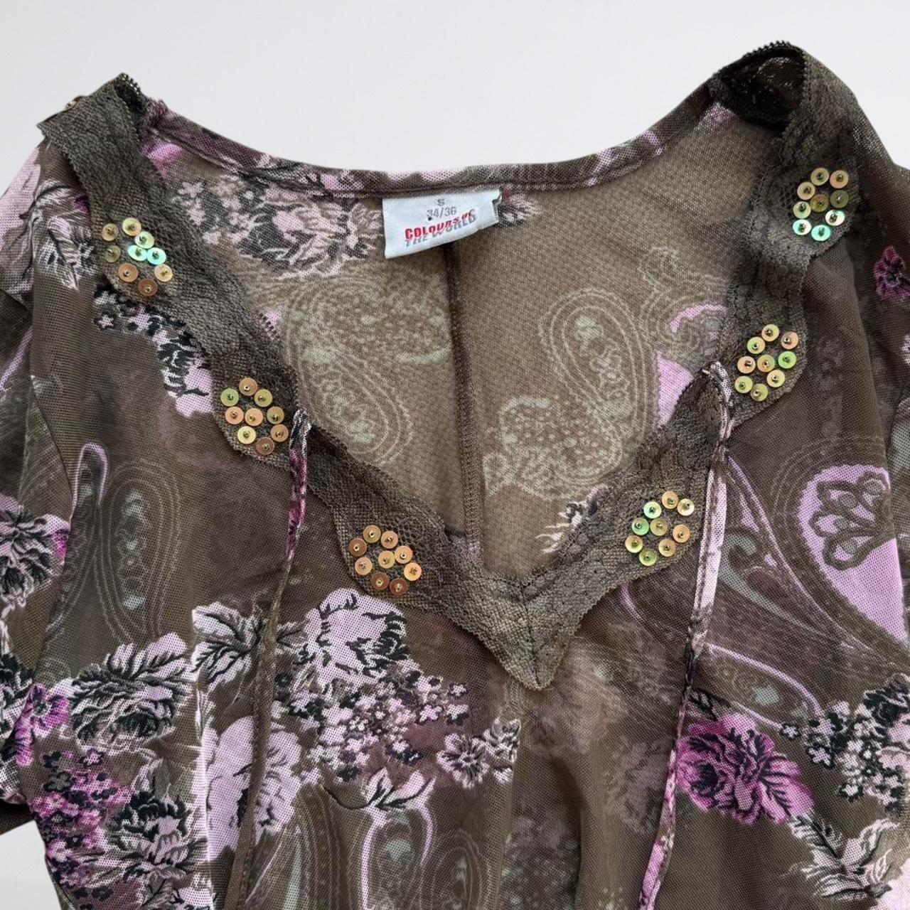 Y2K Olive Floral Mesh Sequin Long Sleeve Top