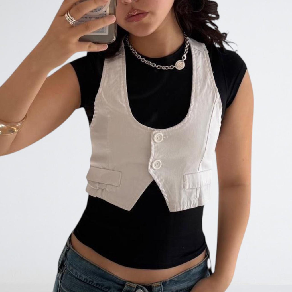 White Cropped Y2K Waistcoat Vest