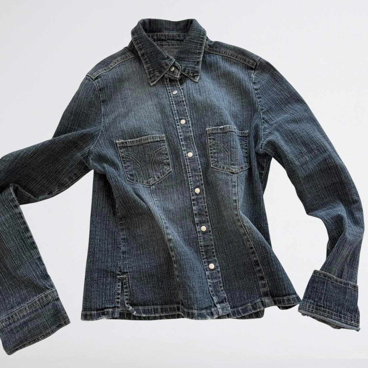 Y2K Mid-Wash Denim Snap-Front Shirt